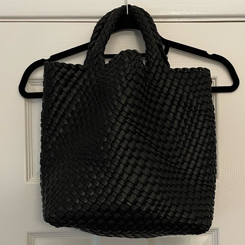 Woven Black Faux Leather Tote